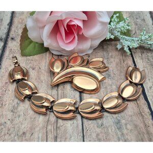 Vintage Renoir Copper Tulip Jewelry Set Bracelet 7" and 2.5" Brooch Pin Floral